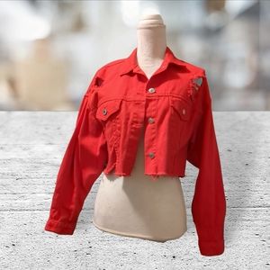 Shein cropped distressed/ripped/frayed/raw hem red stretch denim jacket size S
